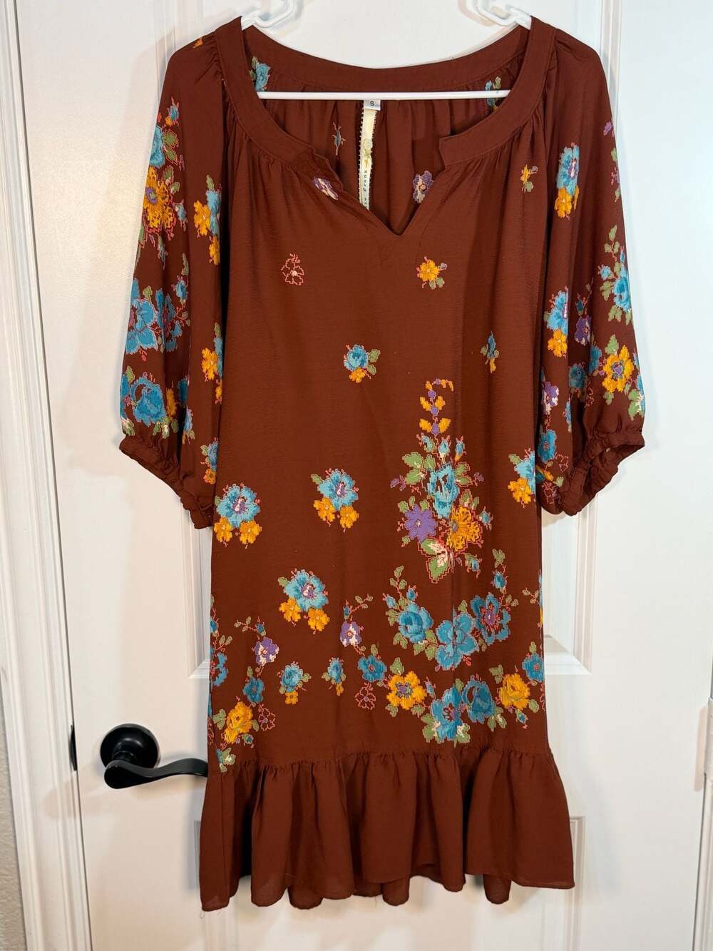 Uncle Frank Rust Floral Rayon Ruffle Hem Dress Size S